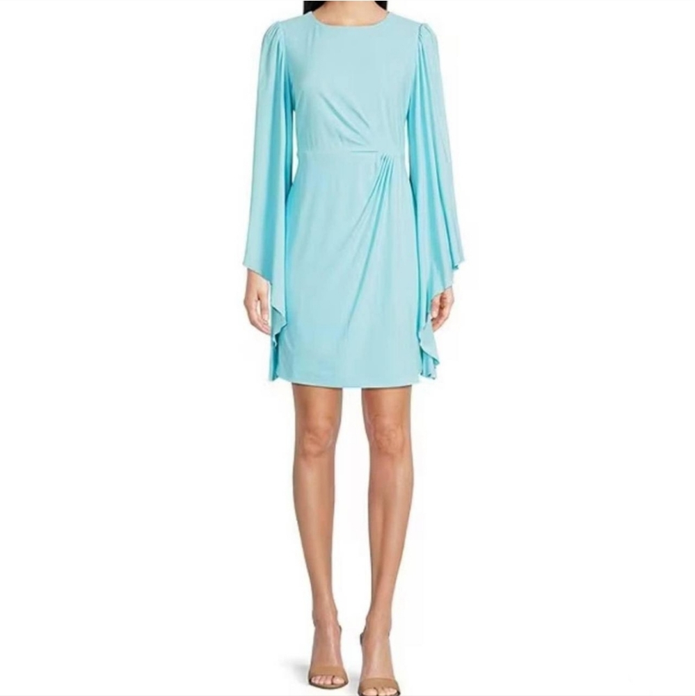 Badgley Mischka Light Blue Mini Dress with Draped Sleeve Detail